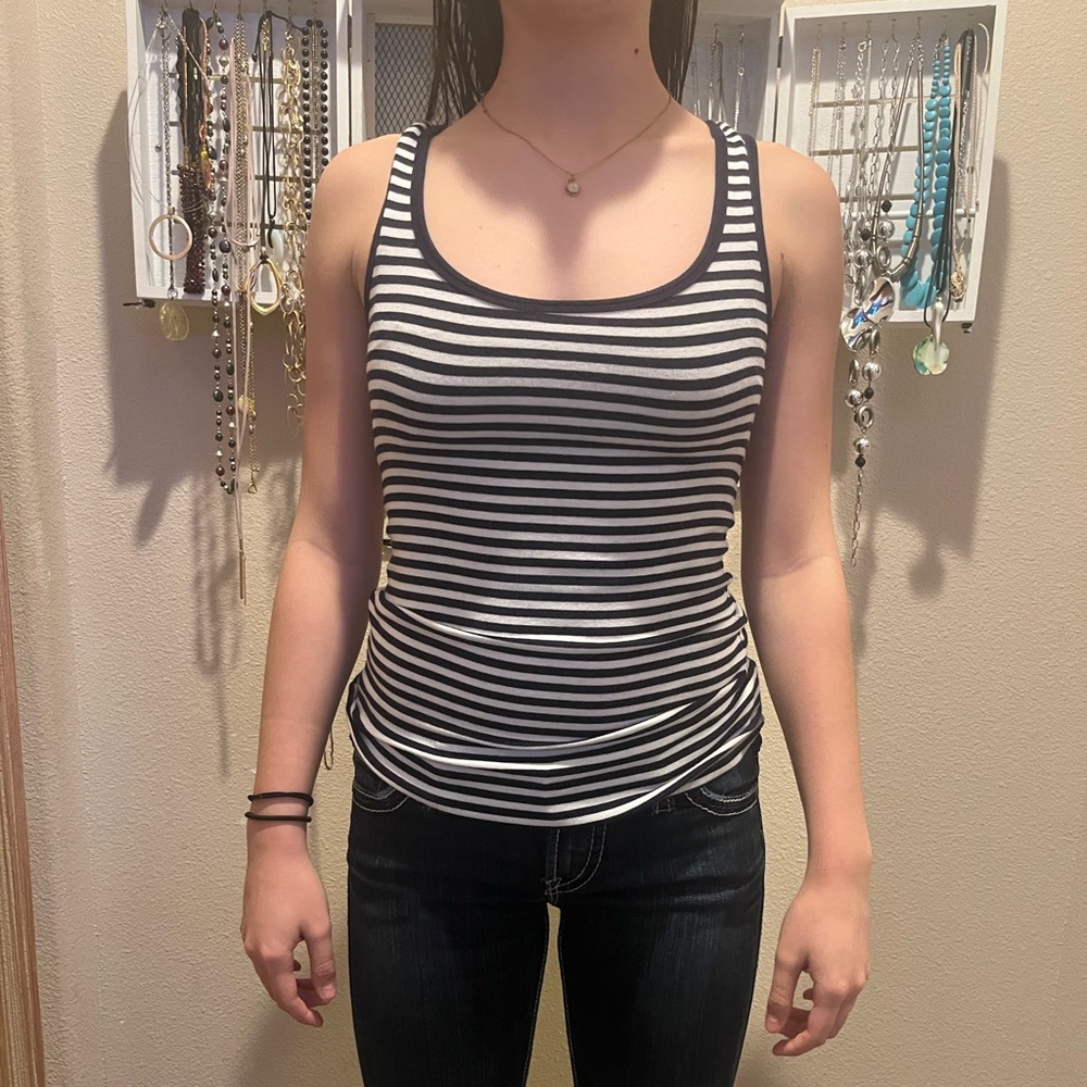 navy and white striped tank top